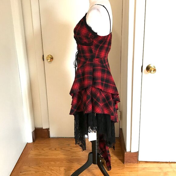 Punk Goth Vkei Red & Black Plaid Tartan Asymmetrical Hem Dress - Picture 7 of 12